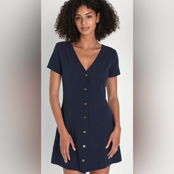 Lulus Dresses & Skirts - NWT Lulus Everyday Sweetness Navy Button-Up Mini Dress With Pockets
